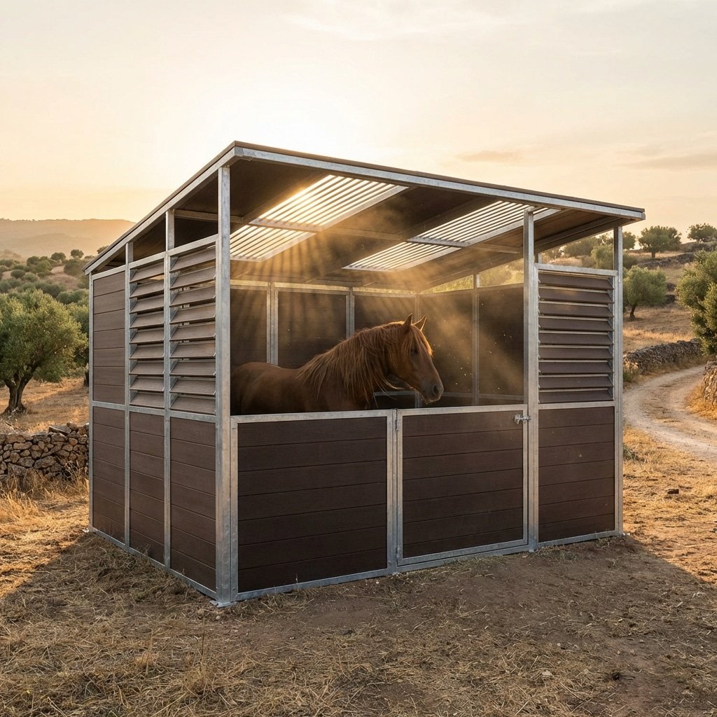 Modern Horse Stall with Galvanized Steel Design A brown horse stands inside a contemporary horse stall featuring galvanized steel and wooden panels, set in a rural landscape during sunset.