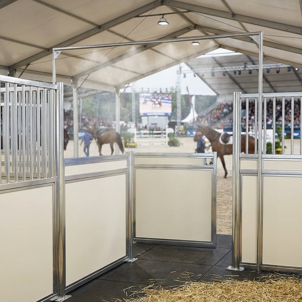 Modern Horse Stalls for Stable Equipment Export A view of modern horse stalls with galvanized steel frames and beige panels, set within a large indoor arena where horses are being prepared for an equestrian event.