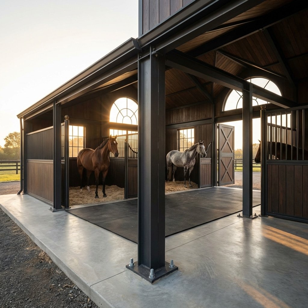 A modern horse stable featuring elegant stalls with dark wooden panels and large windows, housing two horses in a well-lit, spacious environment.