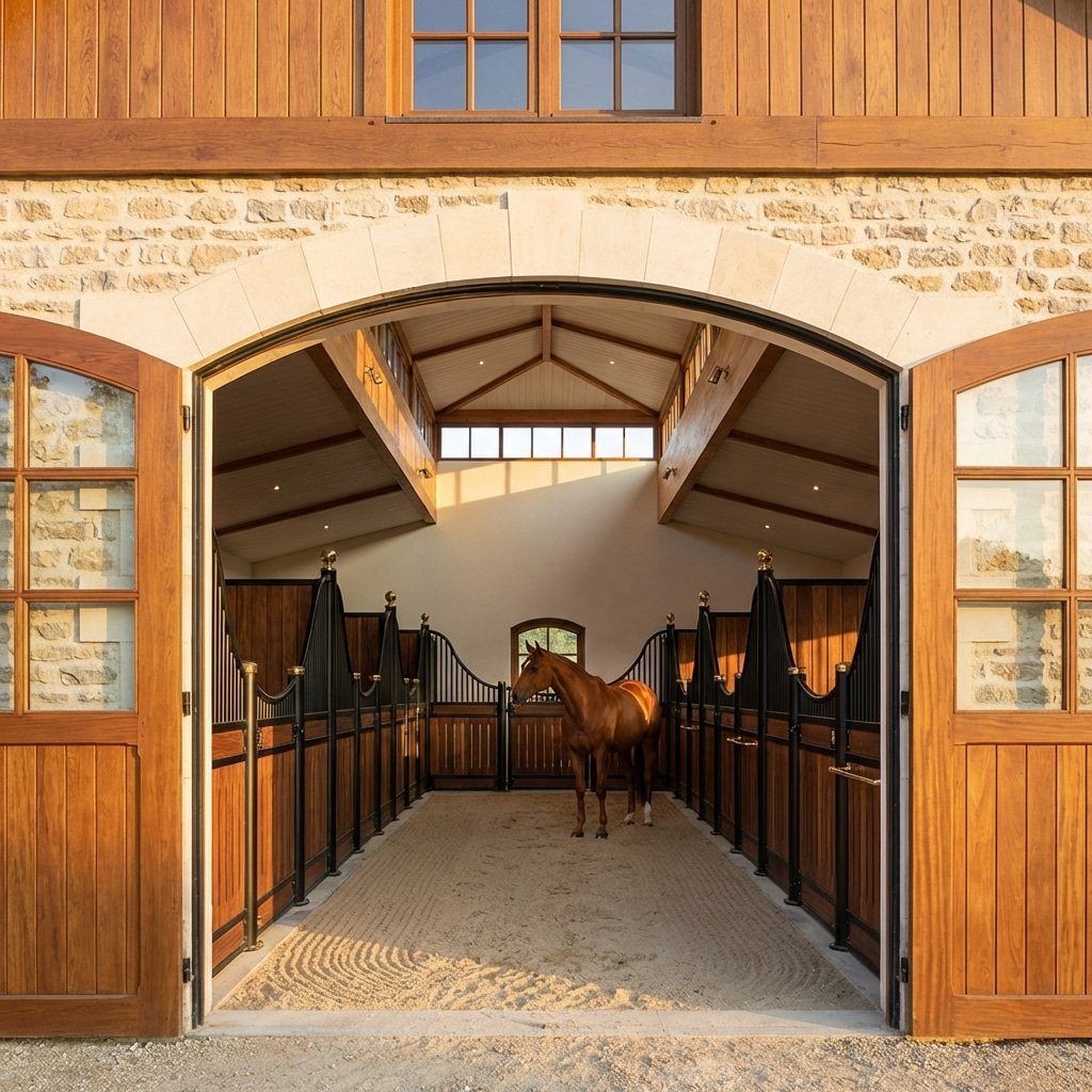 A spacious, modern horse stable with wooden stalls and a brown horse standing in the center aisle, showcasing high-quality stable equipment.