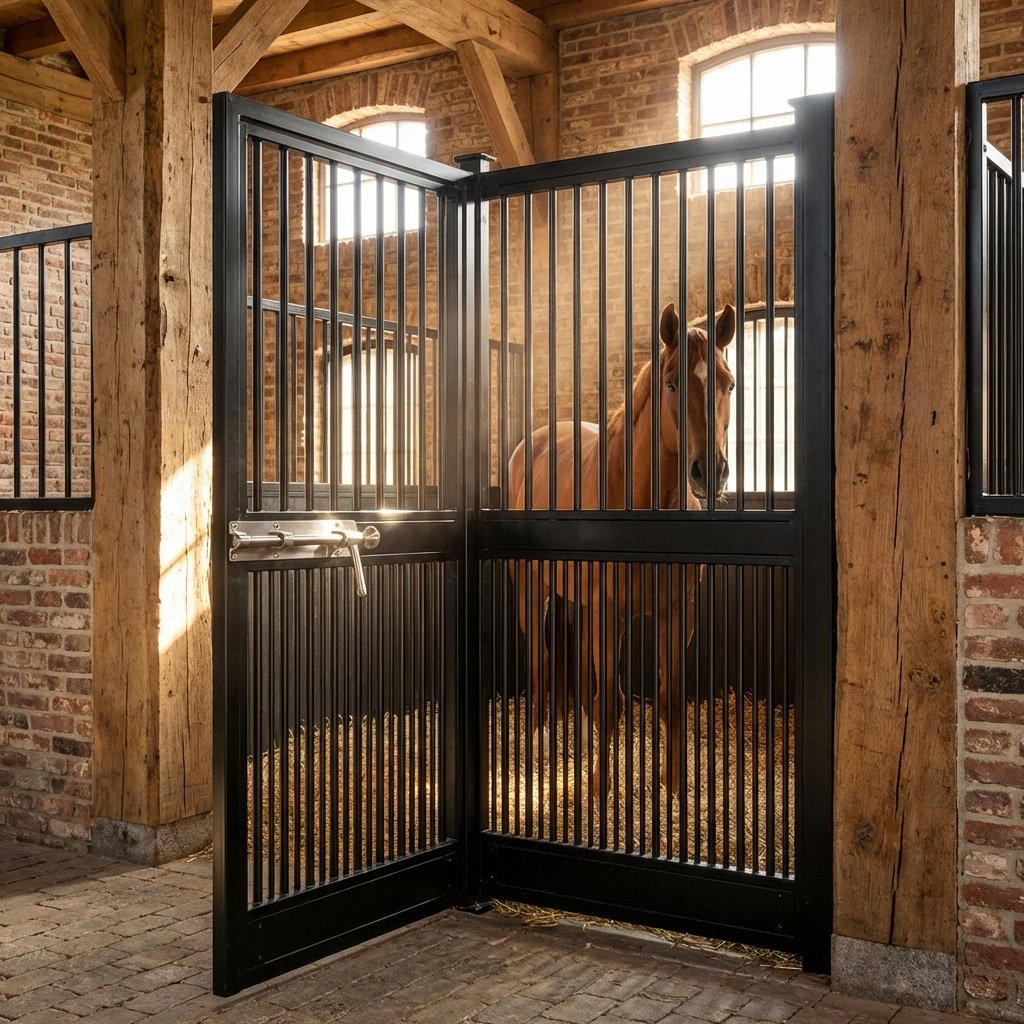 hyperrealistic product photography, wide shot of a premium horse stable interior featuring a black metal horse stall door with a sleek stainless steel plunger latch, warm ambient lighting, a chestnut horse standing calmly inside the stall visible through the bars, dust motes dancing in light beams, 16:9 aspect ratio, cinematic depth of field --ar 16:9 --no text, letters, words, signage, branding
