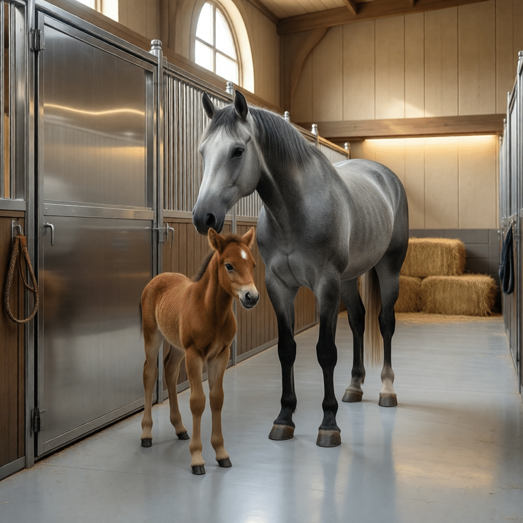 hyperrealistic product photography, wide angle shot of a luxury horse stable interior, a mare and newborn foal standing safely near a sliding stall door, stainless steel hardware, clean environment, soft natural lighting, no text, no logos, no English characters in scene --ar 16:9 --v 6.0