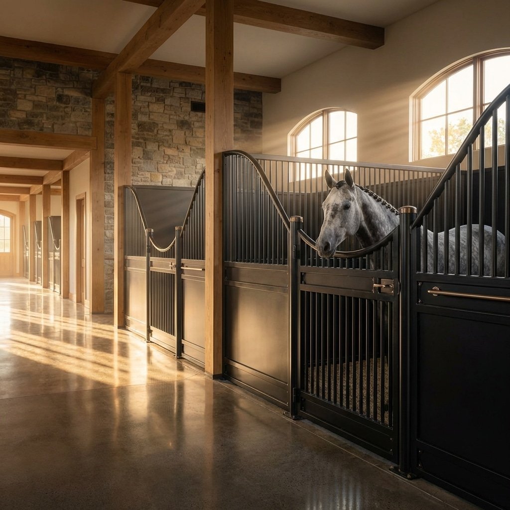 Hyperrealistic product photography of a luxury horse stable aisle, featuring matte black steel horse stalls with a dedicated hinged water access door, warm golden hour lighting streaming through windows, a grey thoroughbred horse standing calmly inside, polished concrete floor, architectural depth, shot on Phase One XF IQ4, --ar 16:9 --no text --no letters --no signage