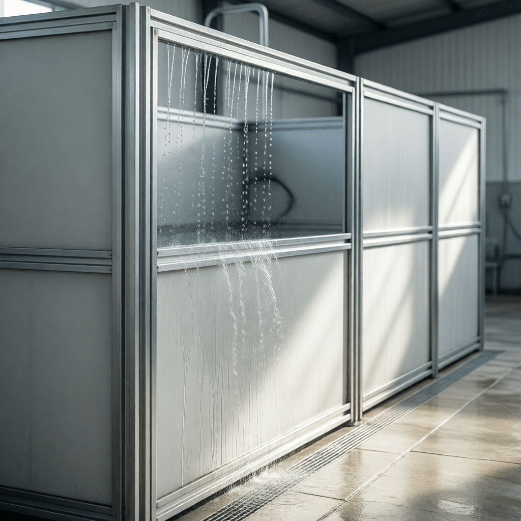 超写实产品摄影,现代化马匹清洗湾,高密度聚乙烯墙板,热浸镀锌钢框架,水珠在表面滑落,明亮自然光,干净卫生,无文字,高细节,八千分辨率