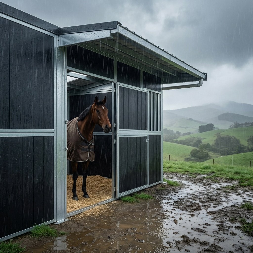 Hyperrealistic product photography of a premium waterproof horse stable structure situated in a lush New Zealand landscape during heavy rainfall, water droplets visible on dark HDPE panels, sturdy hot-dip galvanized steel frame gleaming subtly under overcast sky, a thoroughbred horse standing calmly inside the stall looking out, muddy ground outside contrasting with clean dry interior, cinematic lighting, moody atmosphere, 16:9 aspect ratio, no text, no signage, no letters --ar 16:9 --style raw --v 6.0