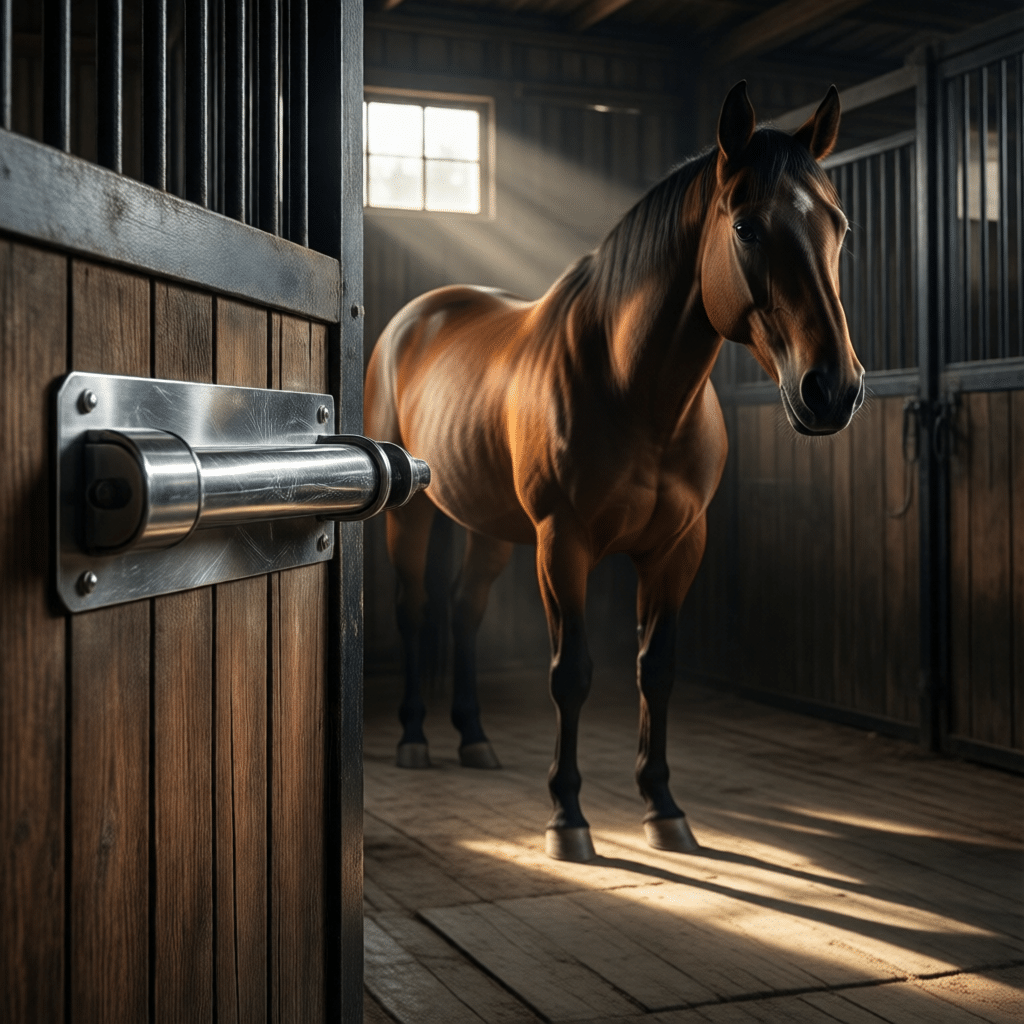hyperrealistic product photography of a secure horse stall door equipped with a sleek stainless steel plunger latch, dark professional stable interior, dramatic cinematic lighting, a safe horse standing calmly in background, no text, no typography, 8k resolution, highly detailed --ar 16:9 --style raw --v 6.0
