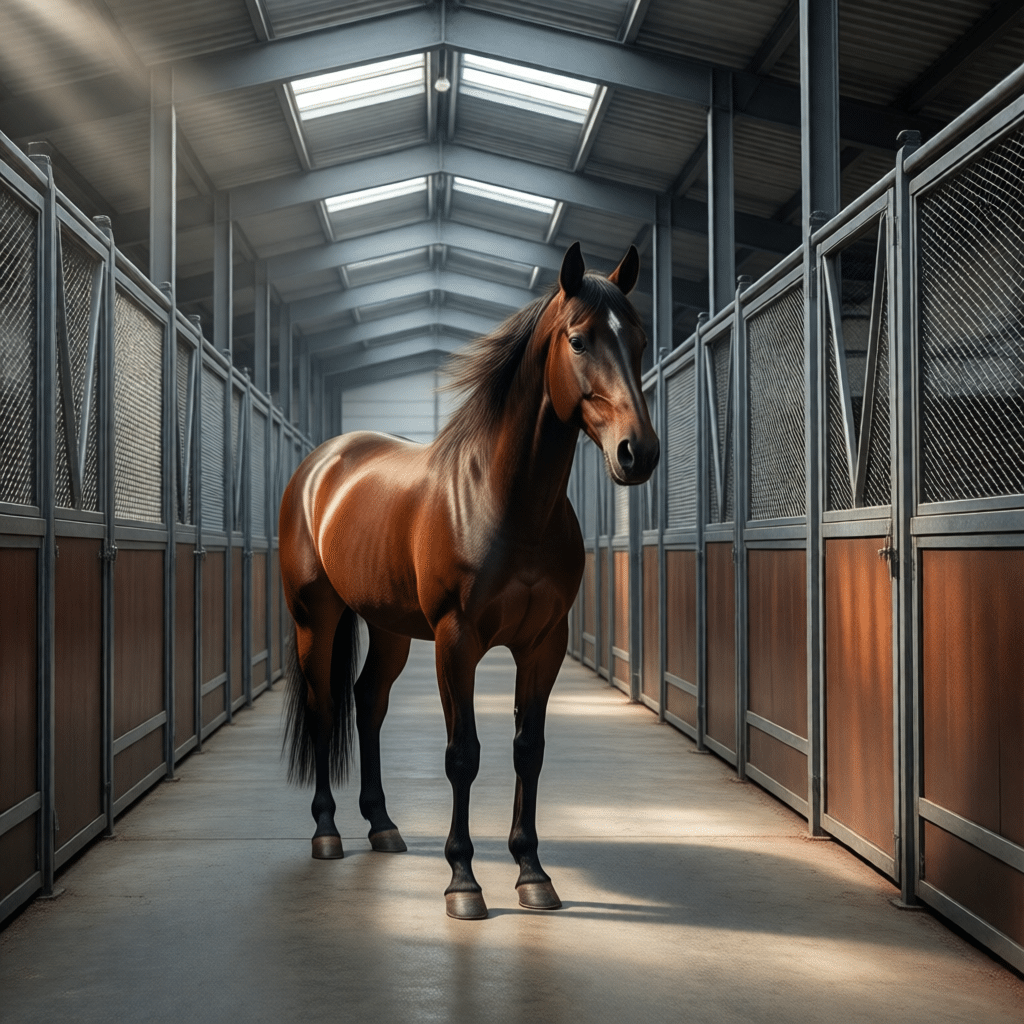 Modern Horse Stalls & Stable Equipment Solutions A majestic brown horse stands confidently in a well-lit stable aisle, flanked by rows of modern horse stalls with galvanized steel frames and wooden panels.