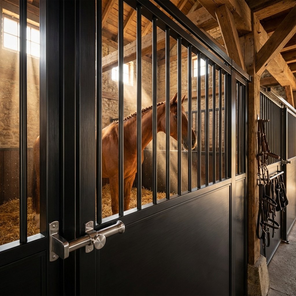 hyperrealistic product photography, wide shot of a premium horse stable interior featuring a black metal horse stall door with a sleek stainless steel plunger latch, warm ambient lighting, a chestnut horse standing calmly inside the stall visible through the bars, dust motes dancing in light beams, 16:9 aspect ratio, cinematic depth of field --ar 16:9 --no text, letters, words, signage, branding