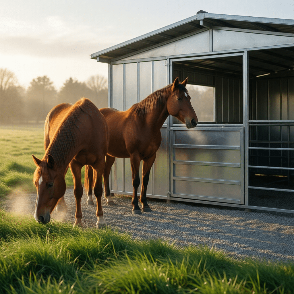 Galvanized Steel Horse Stalls & Stable Panels Two brown horses grazing near a modern stable with galvanized steel panels and open doors, set in a serene outdoor environment.