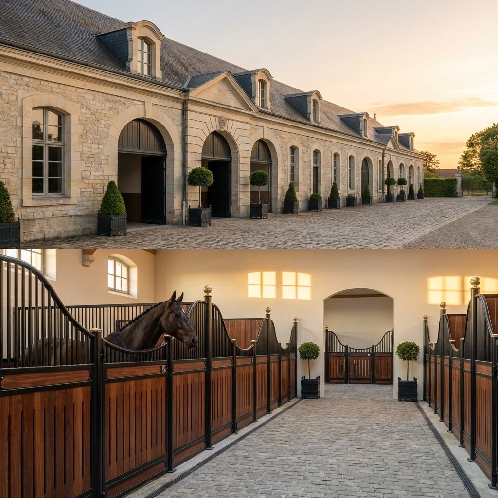 An elegant horse stable exterior with arched doorways and a cobblestone courtyard, paired with an interior view showcasing a dark horse in a well-appointed stall with wooden panels and black metal fencing.