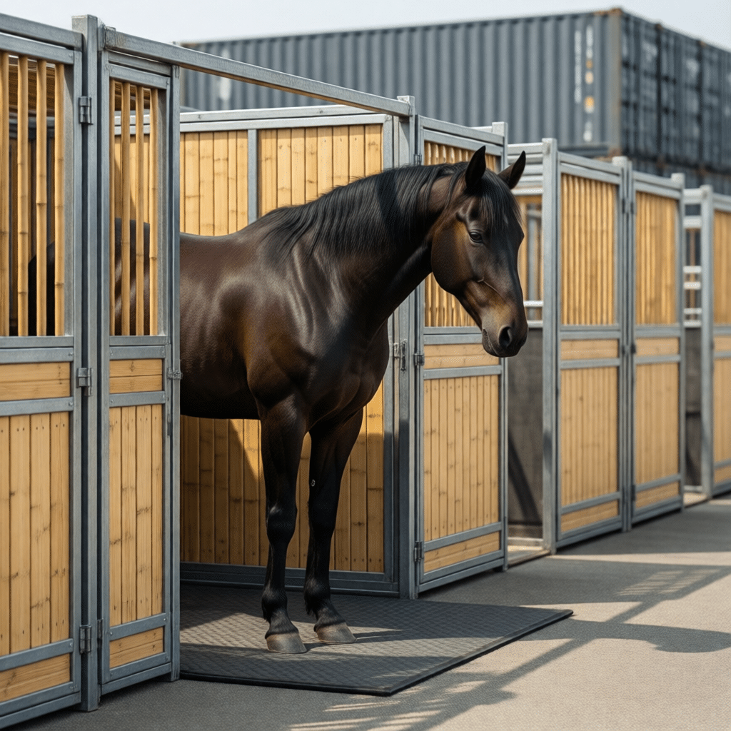 Galvanized Steel Horse Stalls for Export A dark brown horse stands in an open stall with galvanized steel and wooden panels, showcasing high-quality stable equipment in a clean, organized facility.
