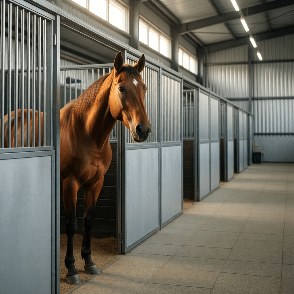 Modern Horse Stalls for Stable Equipment Export A brown horse stands in a modern stable stall with galvanized steel panels and bars, showcasing high-quality stable equipment in a clean, well-lit facility.