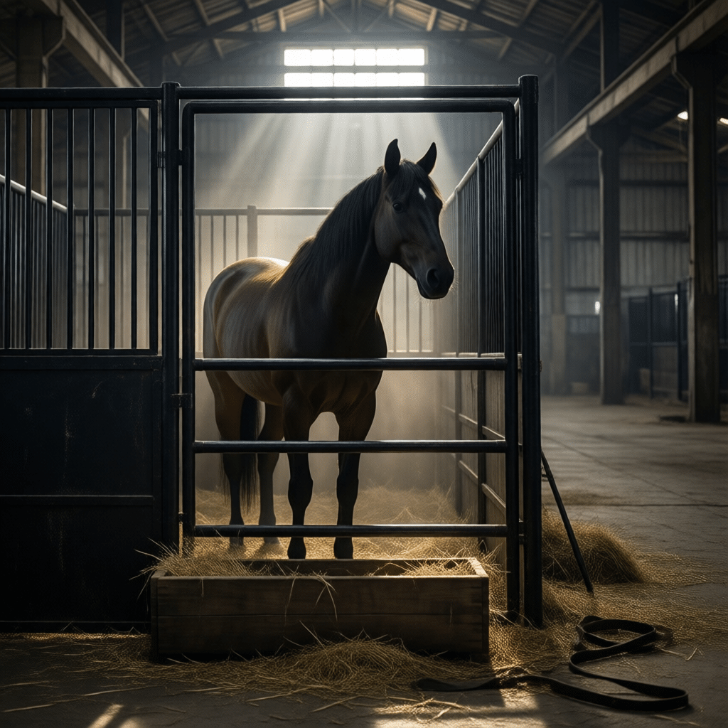 A horse stands inside a galvanized steel stall in a stable, illuminated by sunlight streaming through the roof. The stall features a hay feeder filled with straw and is equipped with sturdy panels and a gate.