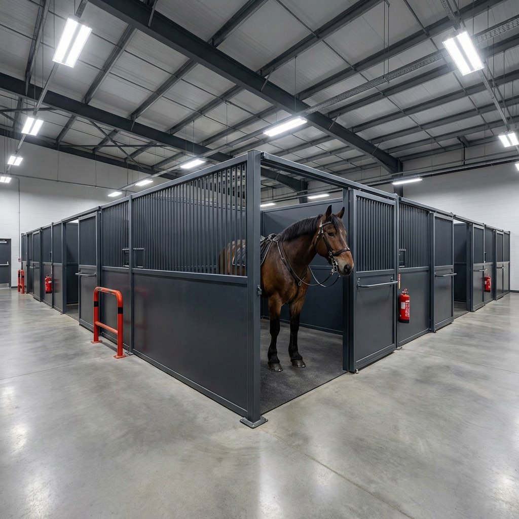 hyperrealistic product photography of a prestigious mounted police horse stable facility, wide angle view showing rows of heavy-duty horse stalls made of Q345B steel, a majestic draft horse standing calmly inside, clean concrete floors, industrial lighting, high safety standards, no text, no signage, no letters --ar 16:9 --v 6.0