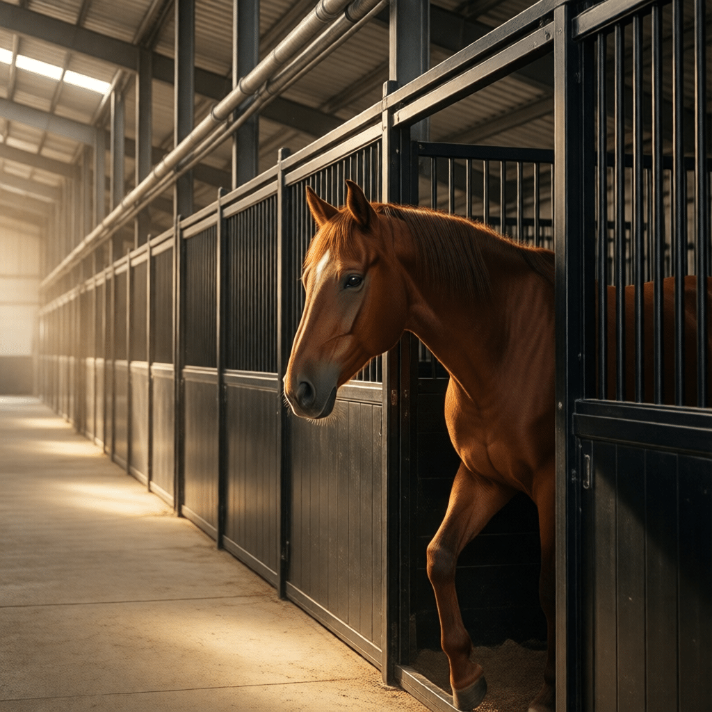 A brown horse stands in a modern stable stall with black galvanized steel panels, showcasing high-quality horse stable equipment in a well-lit indoor facility.