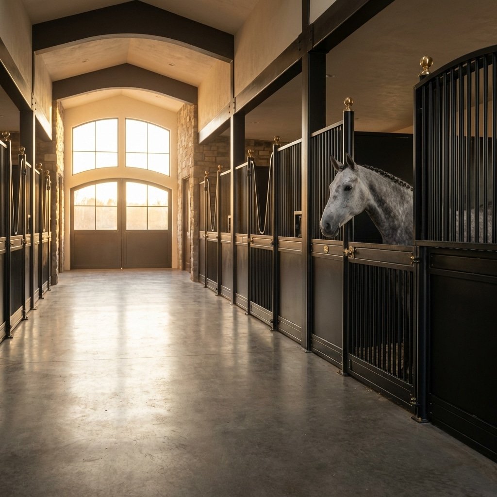 Hyperrealistic product photography of a luxury horse stable aisle, featuring matte black steel horse stalls with a dedicated hinged water access door, warm golden hour lighting streaming through windows, a grey thoroughbred horse standing calmly inside, polished concrete floor, architectural depth, shot on Phase One XF IQ4, --ar 16:9 --no text --no letters --no signage