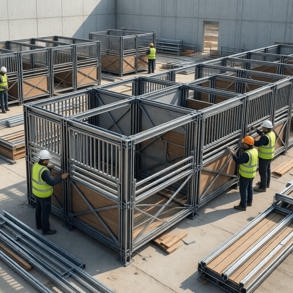 Building Horse Stalls with Galvanized Steel Workers assembling modular horse stalls using galvanized steel frames and wooden panels in an outdoor construction area.