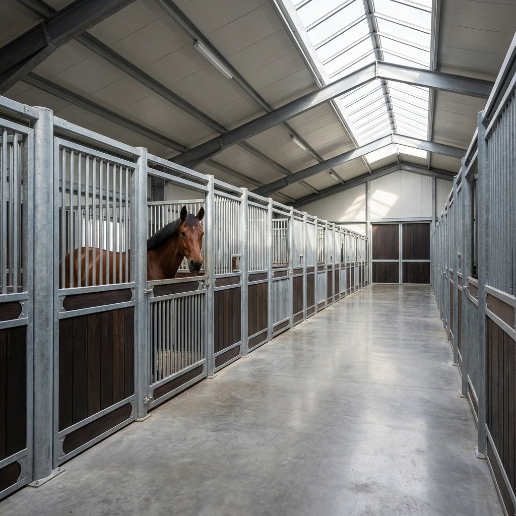 hyperrealistic product photography of a premium indoor horse stable facility, rows of modular horse stalls constructed from hot-dip galvanized 14-gauge steel, clean concrete aisleway, a healthy bay horse standing calmly inside a stall, natural sunlight streaming through high skylights, architectural elegance, professional equestrian atmosphere, no signage, no text, 16:9 aspect ratio --ar 16:9 --stylize 250 --v 6.0