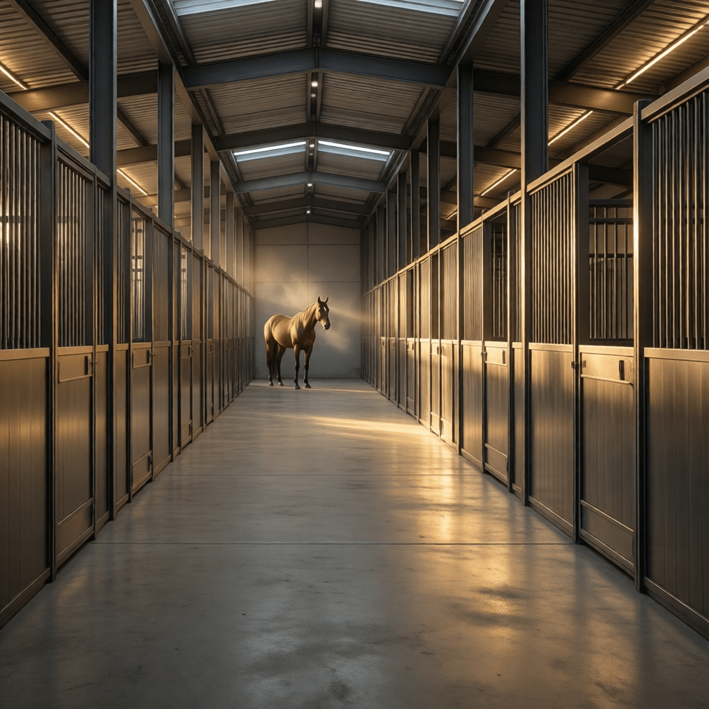 Modern Horse Stalls & Stable Equipment Solutions A well-lit stable aisle with rows of modern horse stalls on both sides, featuring a single horse standing in the center, showcasing high-quality stable panels and equipment.