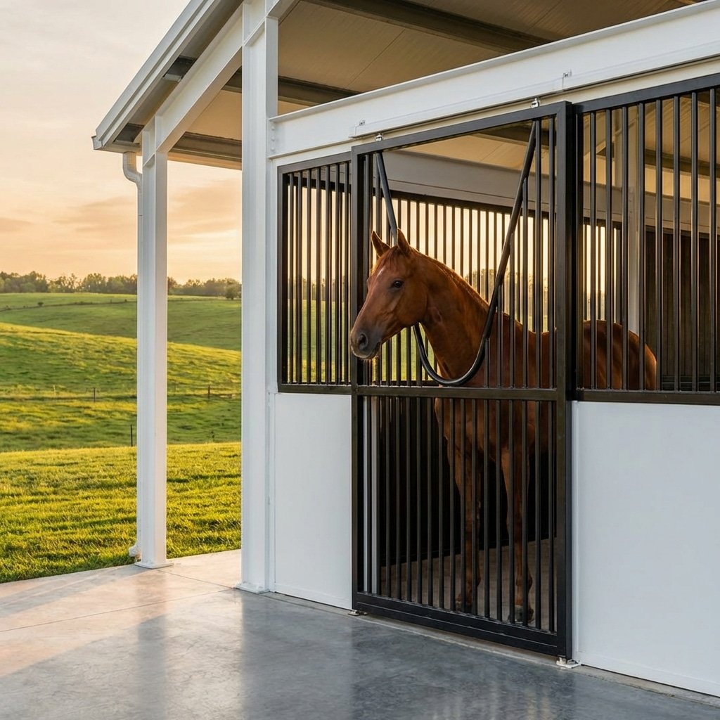 Hyperrealistic product photography of a luxurious modern horse stable exterior at golden hour, white Q345B steel structure, black wrought iron bars, clean concrete flooring, a healthy thoroughbred horse looking out from the stall, lush green pasture background, cinematic lighting, 8k resolution, absolutely no text, no signage, no letters, no words visible anywhere --ar 16:9 --style raw --v 6.0