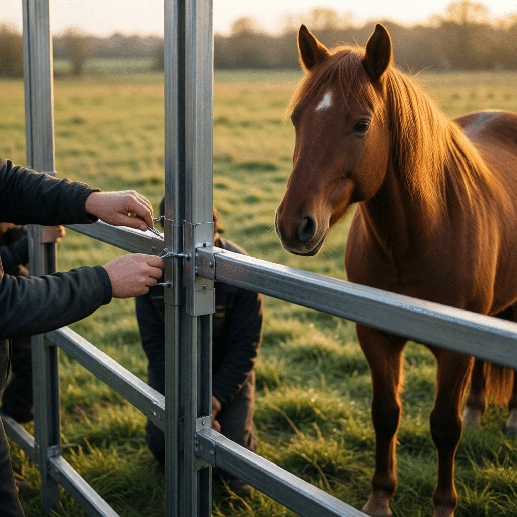 Secure Horse Stable Panels for Sale A person is securing a galvanized steel stable panel gate while a brown horse with a white forehead marking stands calmly in the background on a grassy field.