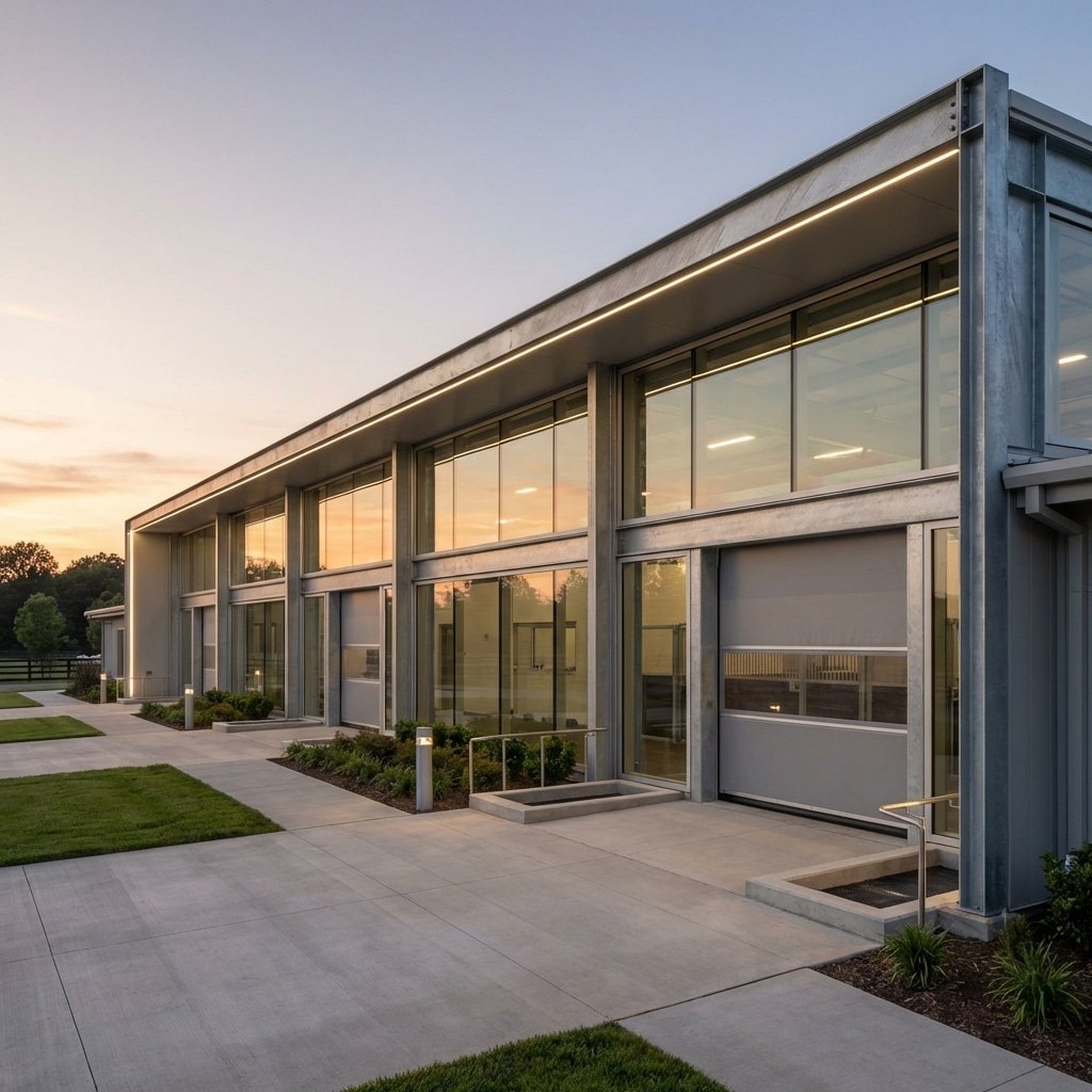 hyperrealistic product photography of a modern biosecure horse stable exterior, equine import center facility, hot-dip galvanized steel structure, clean architectural lines, professional lighting, dusk atmosphere, no text, no signage, --ar 16:9 --style raw --v 6.0