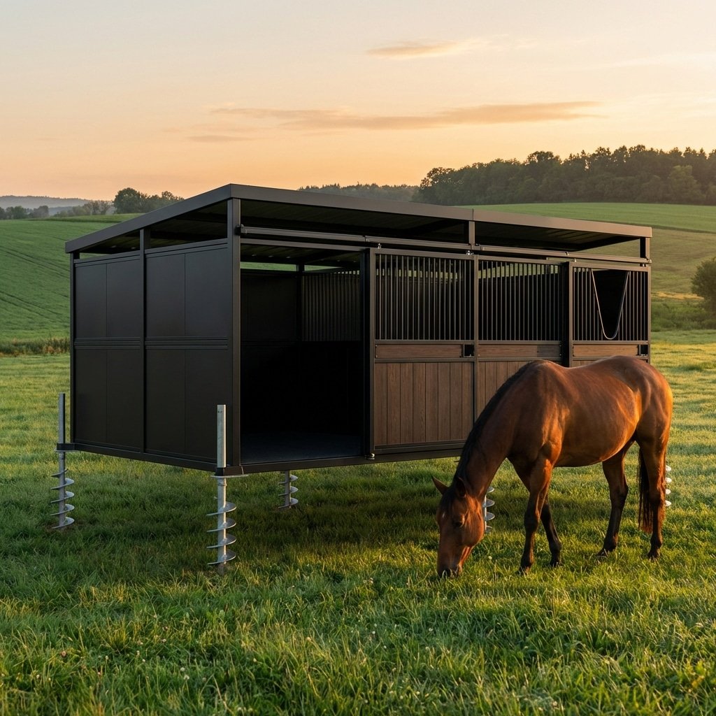 A modern horse stable with galvanized steel and powder-coated panels, featuring open stalls and a grazing horse in a lush green field at sunset.