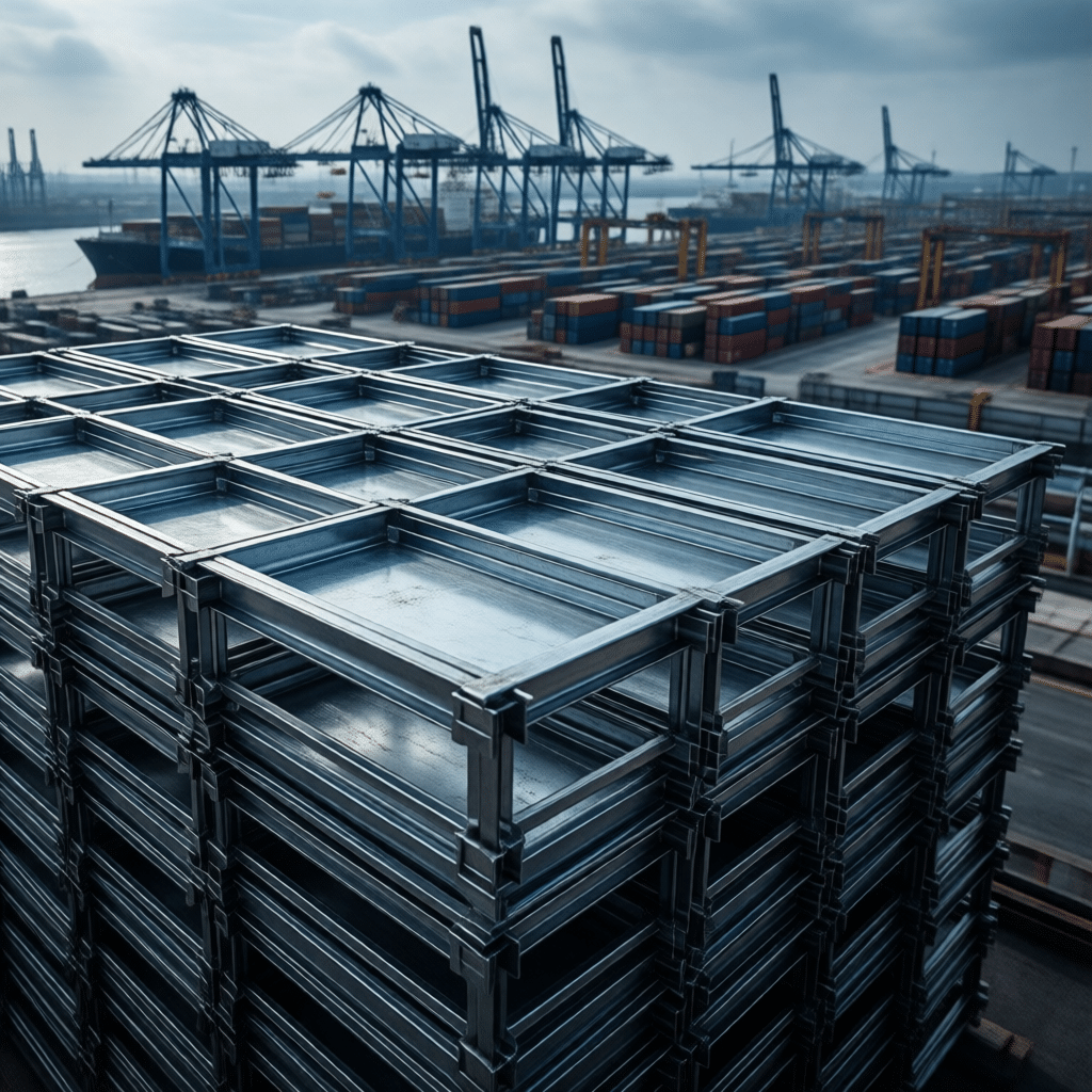 Professional B2B logistics team reviewing FOB contract documents and container loading checklist at a Chinese port, with labeled 40HQ container filled with galvanized flat-pack horse stalls, emphasizing buyer-controlled freight forwarder selection and cost transparency for bulk stable distributors