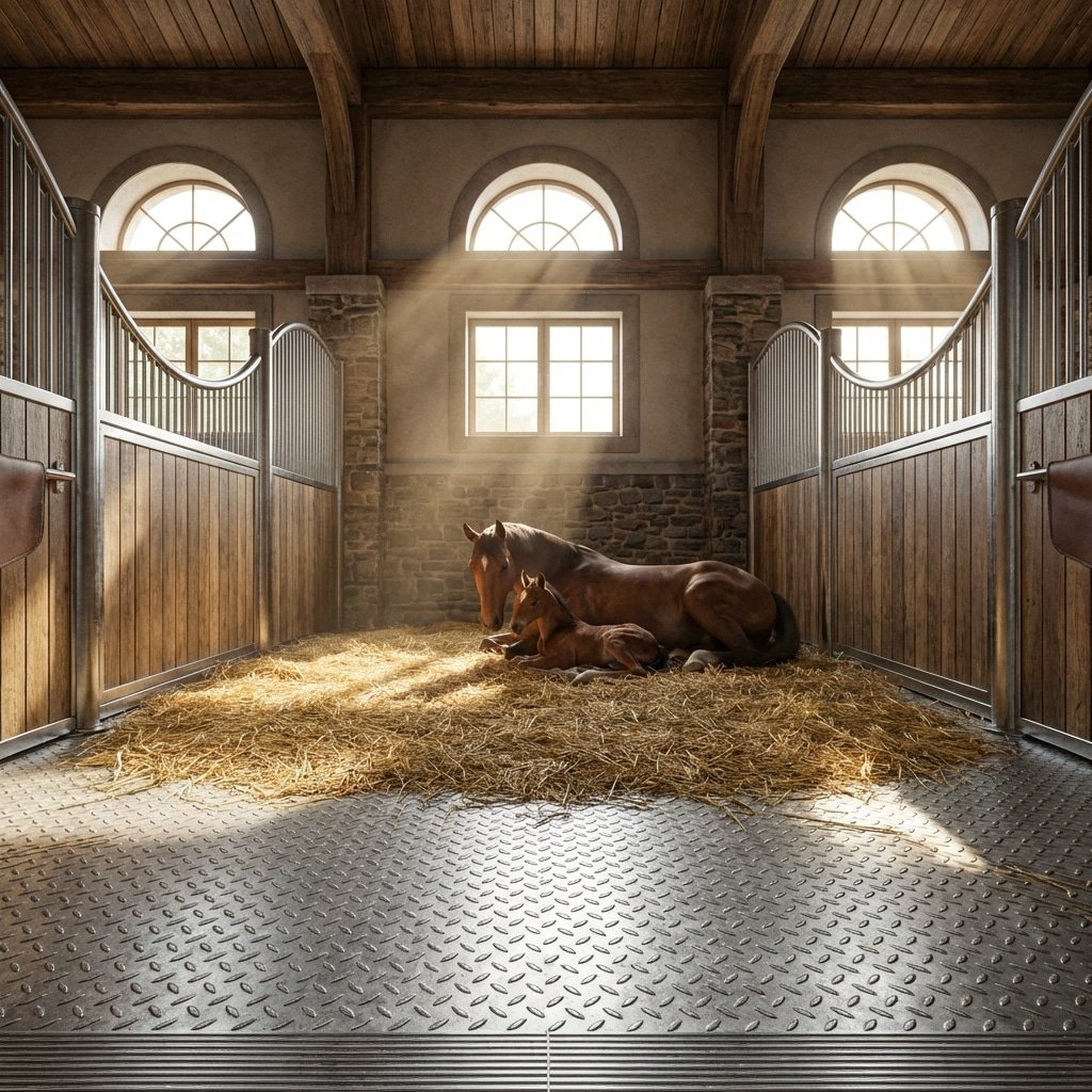 超写实产品摄影,高端马匹产房内部全景,聚焦重型热浸镀锌钢底板,干净稻草垫料,温暖自然阳光透过高窗,光线中尘埃飞舞,新生小马安全环境,八千分辨率,建筑文摘风格,无文字