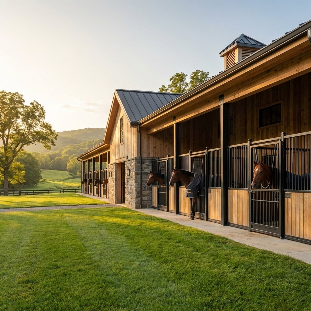 Hyperrealistic product photography of a premium horse stable facility exterior, wide angle view, modern horse stalls with black metal bars visible, thoroughbred horses standing calmly inside, golden hour sunlight, lush green surroundings, architectural photography, 8k resolution, highly detailed, no signage, no text, --ar 16:9