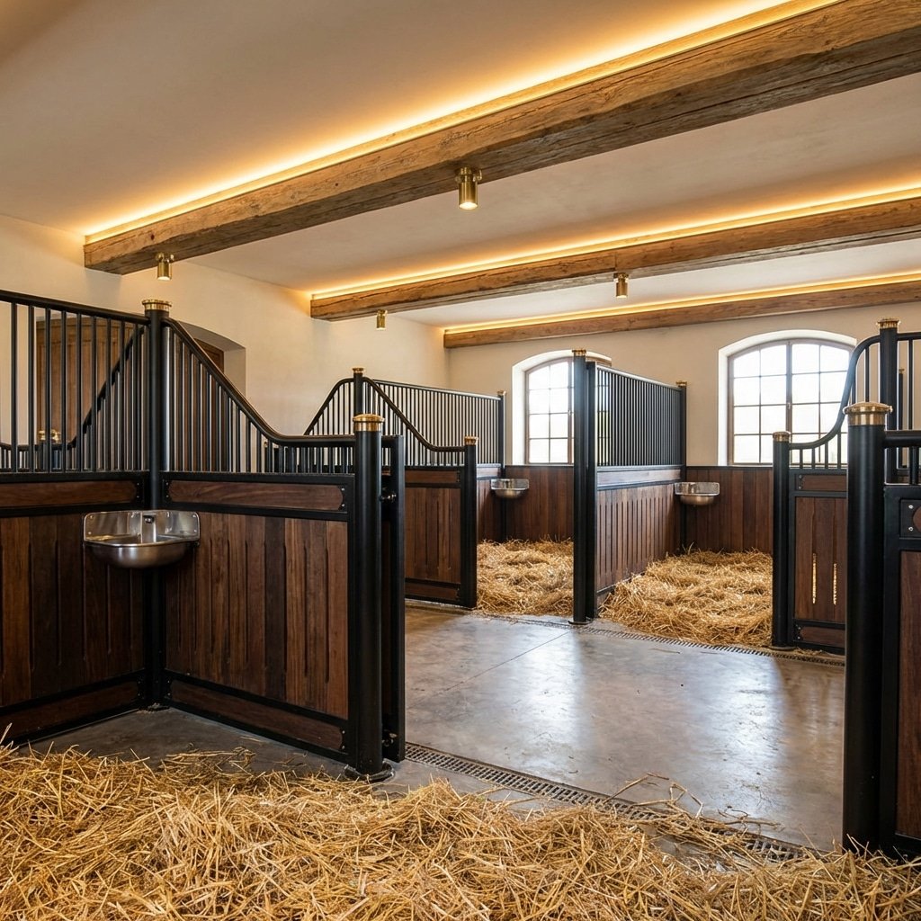 A modern horse stable featuring wooden stalls with black metal railings, hay on the floor, and bright lighting highlighting the clean and spacious design.