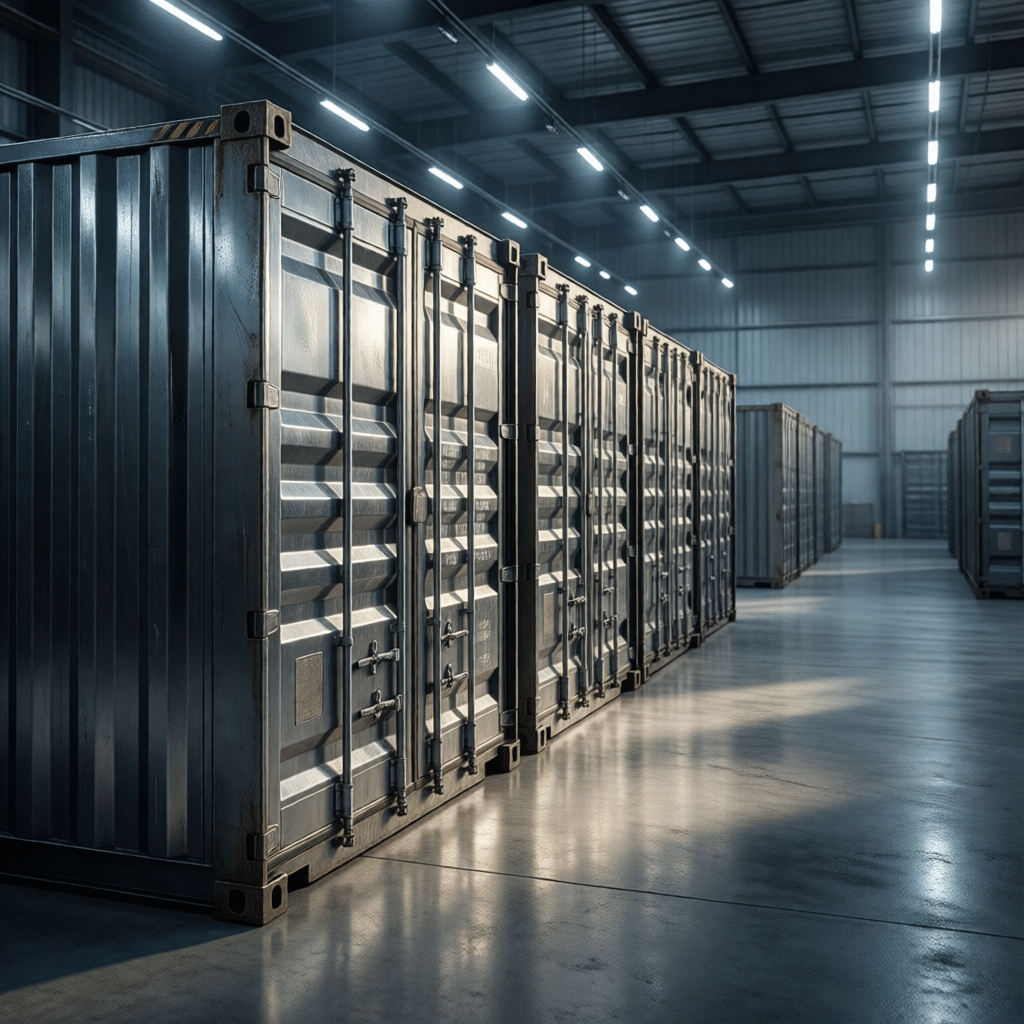 Rows of galvanized steel storage containers neatly arranged in a spacious warehouse, showcasing durable and secure storage options for horse stable equipment.