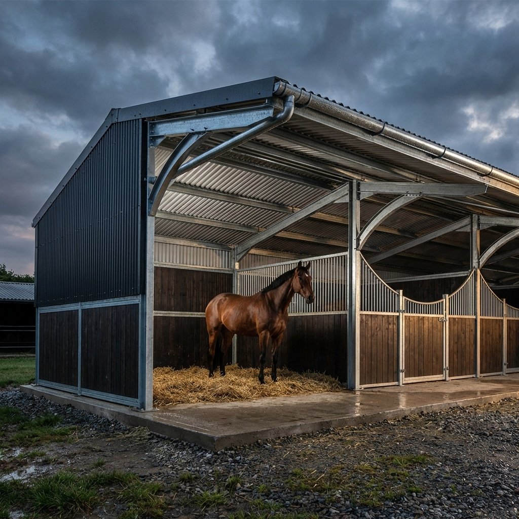 hyperrealistic product photography of a complete free-standing horse stable under a dramatic sky, galvanized steel roof trusses visible, a majestic bay horse standing inside the stall, concrete foundation, rain droplets on the roof showing weather resistance, cinematic lighting, 16:9 aspect ratio, no text, no letters, no typography --ar 16:9 --style raw --v 6.0