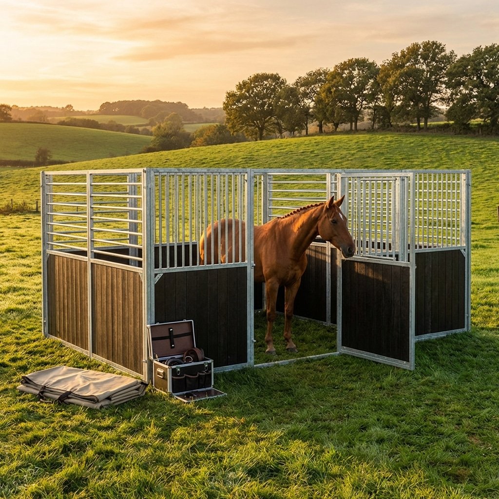 Hyperrealistic product photography of a premium portable horse stable set up in a lush green pasture, golden hour sunlight, sleek galvanized steel horse stalls, a healthy horse standing inside, cinematic lighting, highly detailed texture, no text, no letters, no typography --ar 16:9 --style raw --v 6.0