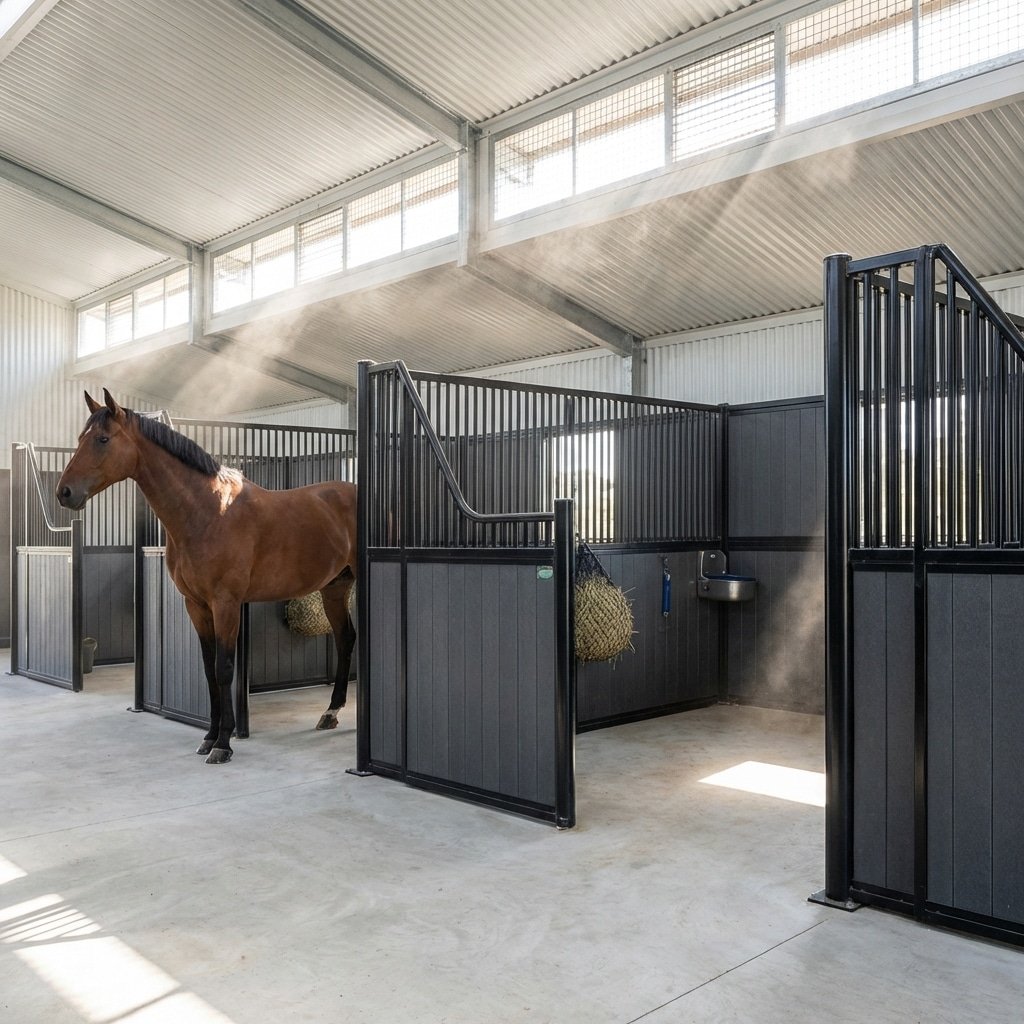 Hyperrealistic product photography of a modern horse stable interior, featuring open-grill horse stall fronts made of black metal and HDPE, a healthy bay horse standing inside, sunlight streaming through top vents illustrating airflow, dust motes dancing in light, clean concrete floor, 16:9 aspect ratio, --no text --ar 16:9 --v 6.0