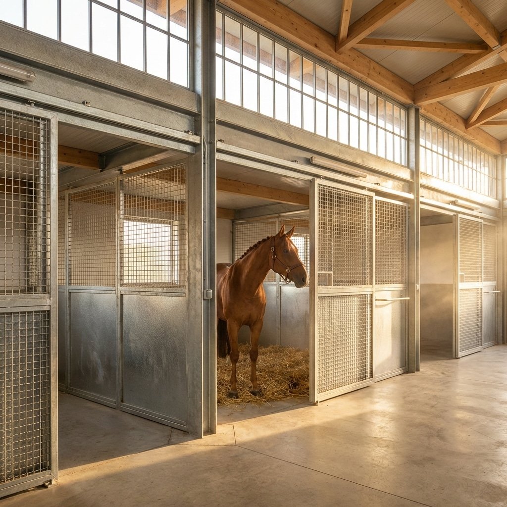 hyperrealistic product photography of a modern modular horse stable interior, wide angle view, multiple horse stalls made of Q235B structural steel with hot-dip galvanization finish, warm natural sunlight streaming through high windows, dust motes dancing in light, clean concrete floors, a healthy horse standing calmly in one stall, architectural elegance, high detail, 8k resolution, no text, no signage, no letters, no words --ar 16:9 --style raw --v 6.0