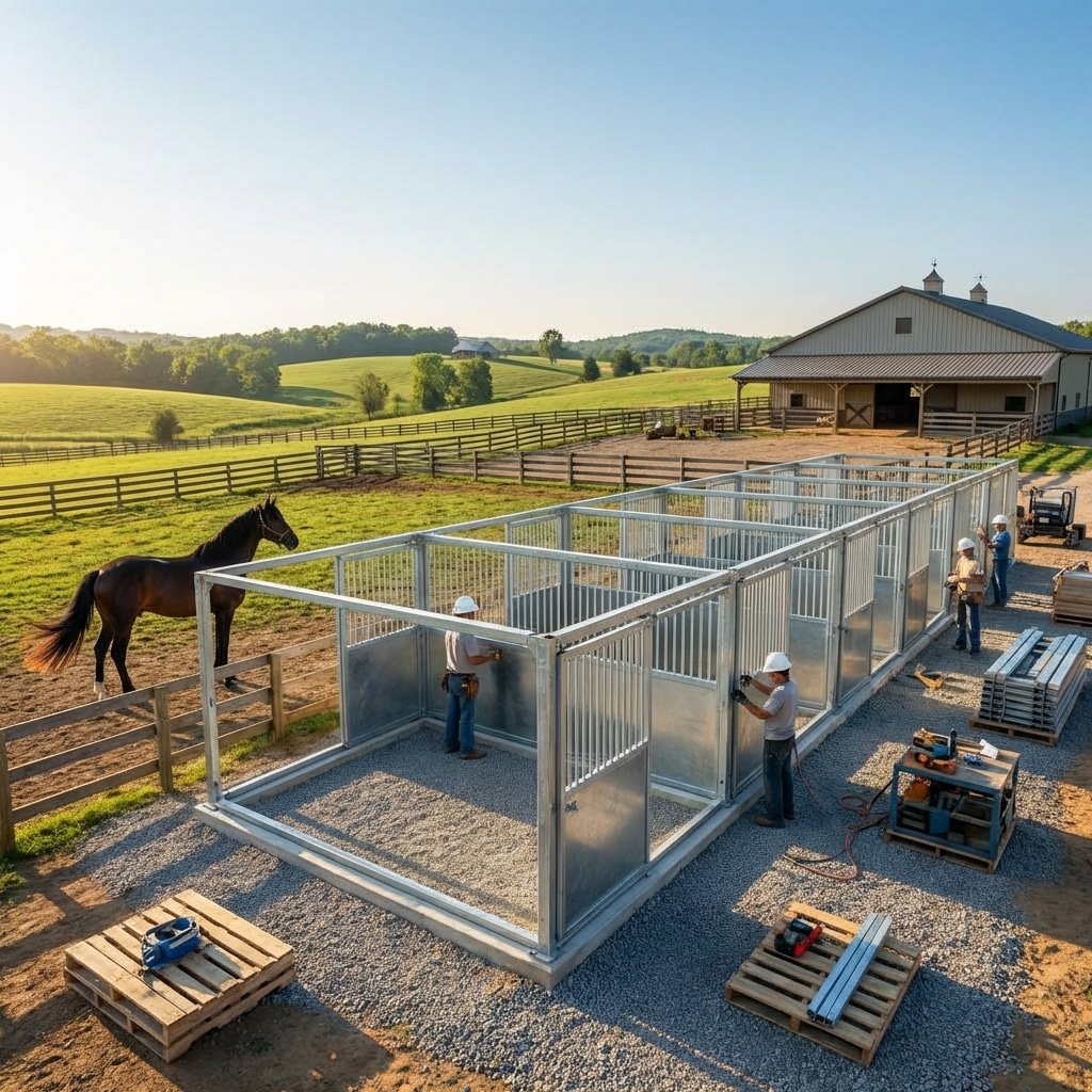 Workers assembling galvanized steel horse stalls on a gravel area near a barn, with a horse standing in the background on a sunny day.