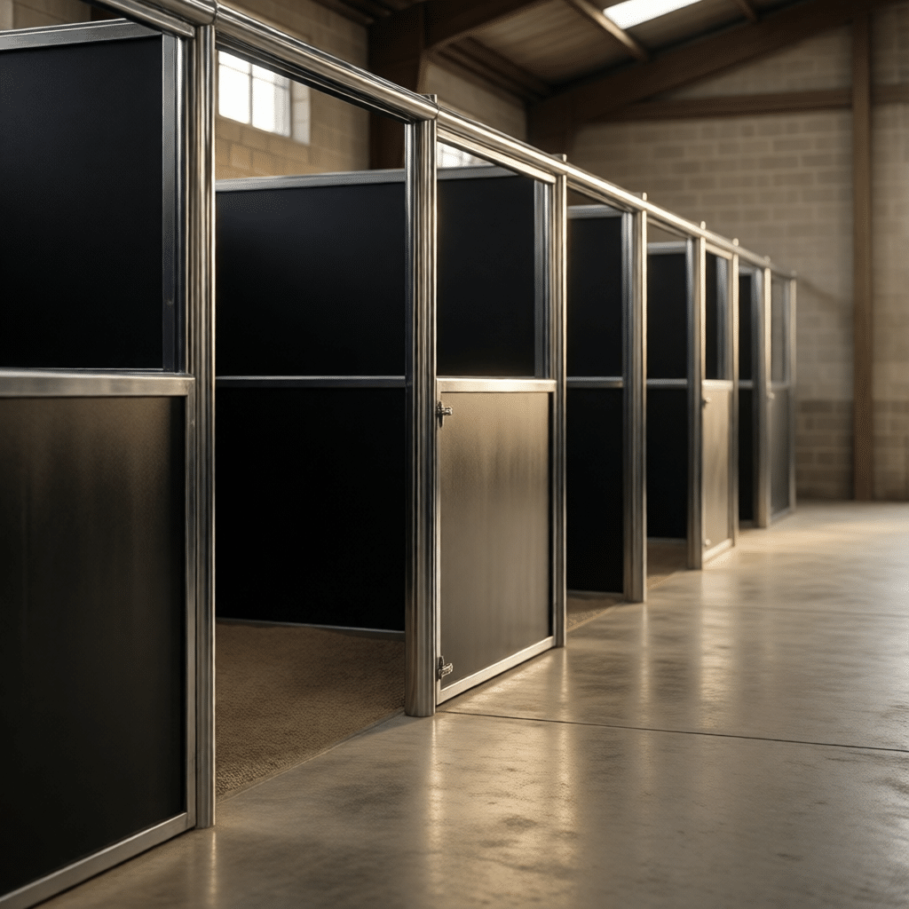 Full-frame hot-dip galvanized horse stall system installed in a public-sector equine facility, showing uniform zinc coating, welded joints, and structural integrity under high-humidity wash bay proximity — verified for BS EN ISO 1461 conformance to win UK/EU government tenders.