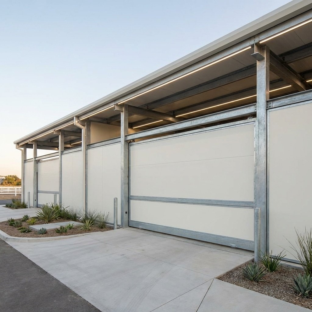 hyperrealistic product photography of a modern biosecure horse stable facility exterior, international equine import center architecture, hot-dip galvanized steel framework, non-porous HDPE infill panels, clean sterile environment, professional architectural lighting, 16:9 aspect ratio, no text, no letters --ar 16:9 --style raw --v 6.0
