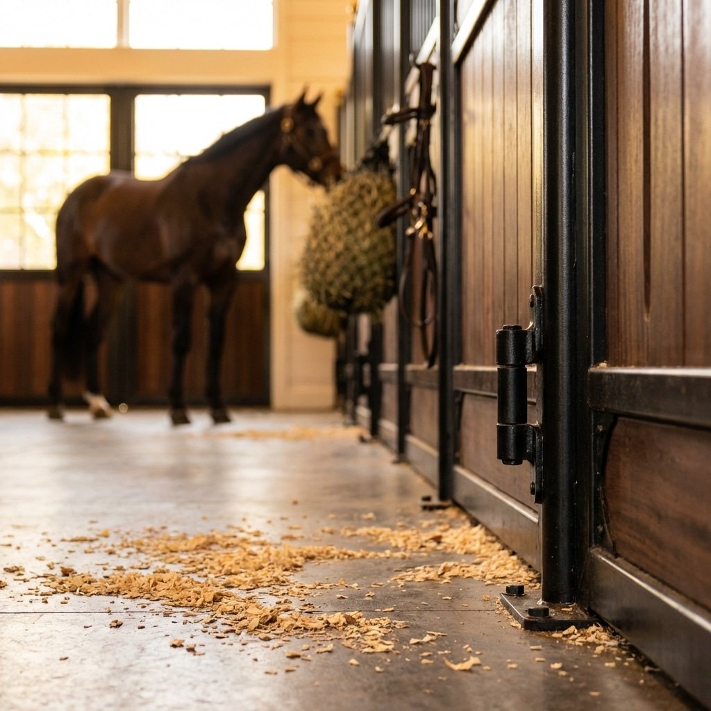 Hyperrealistic product photography of a luxury horse stable interior, focus on a heavy-duty black steel horse stall door hinge, pine wood shavings scattered on the concrete floor, a warm-blooded horse standing softly in the background out of focus, cinematic lighting, horse stable context, 16:9 aspect ratio, no text --ar 16:9 --no text