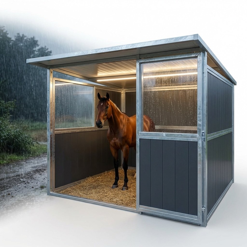 hyperrealistic product photography of a modern horse stable with side panels, heavy rain outside but dry interior, a healthy brown horse standing comfortably inside, hot-dip galvanized steel frame shining, UV-stabilized HDPE panels, cinematic lighting, 16:9 aspect ratio, no text, no letters --ar 16:9 --style raw --v 6.0