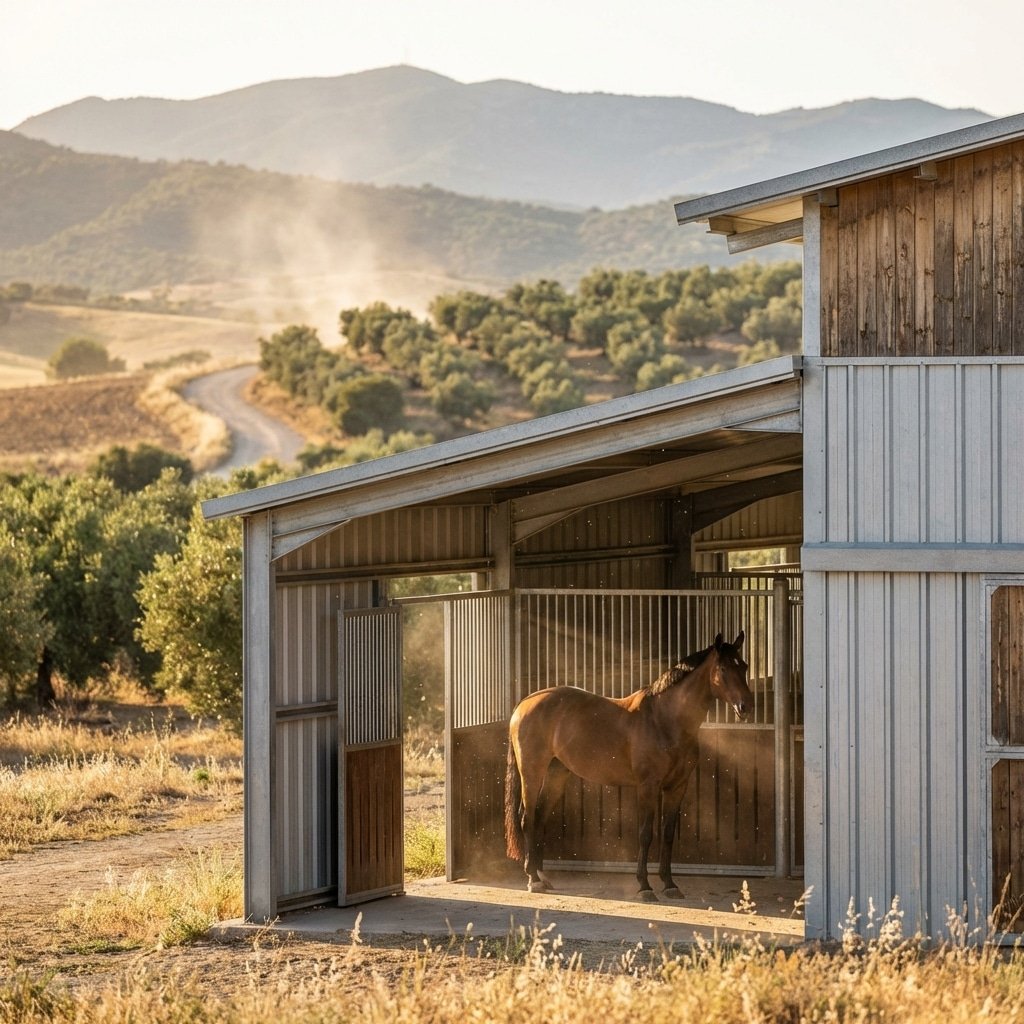 hyperrealistic product photography of a modern galvanized steel horse stable situated in a sunny Spanish countryside landscape, golden hour lighting, a healthy bay horse standing calmly inside the ventilated stall, open grill partitions visible, dust motes dancing in sunlight, heat haze in background, 16:9 aspect ratio, high detail, architectural digest style --ar 16:9 --stylize 250 --no text