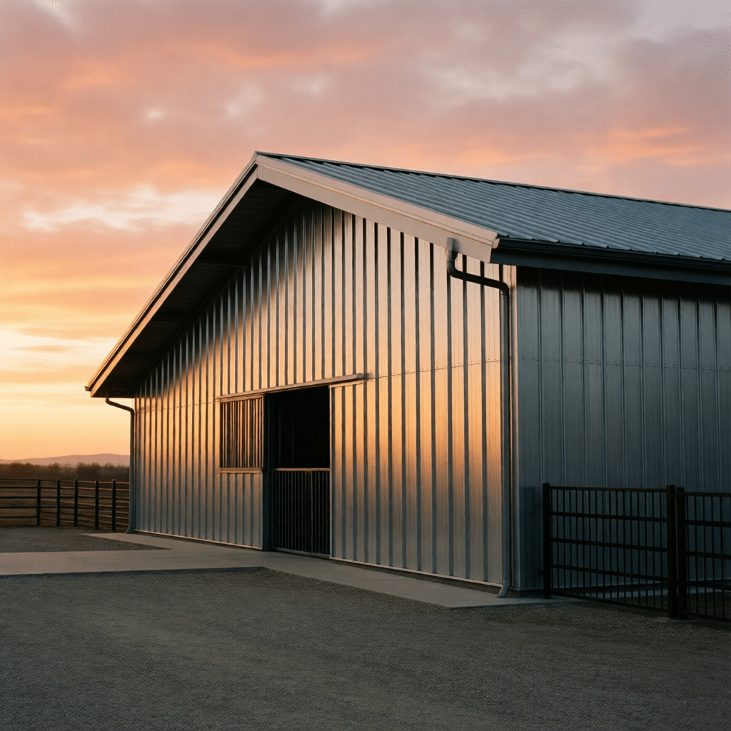 A modern horse stable barn with vertical metal siding and a gabled roof, illuminated by the warm glow of sunset. The structure features a large open door and is surrounded by fencing, set against a picturesque sky.