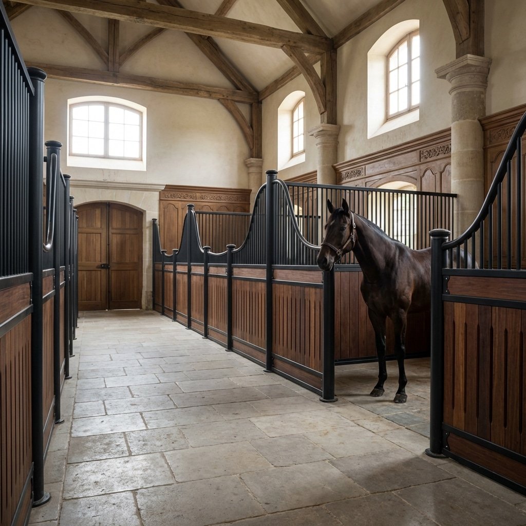 hyperrealistic product photography of a luxury French horse stable interior, featuring horse stalls with 40mm high-density bamboo fronts and black powder-coated steel grilles, a majestic thoroughbred horse standing inside, symmetrical central aisle, Renaissance architecture influence, soft natural lighting, stone floors, 16:9 aspect ratio, no text, no signage --ar 16:9 --style raw --v 6.0