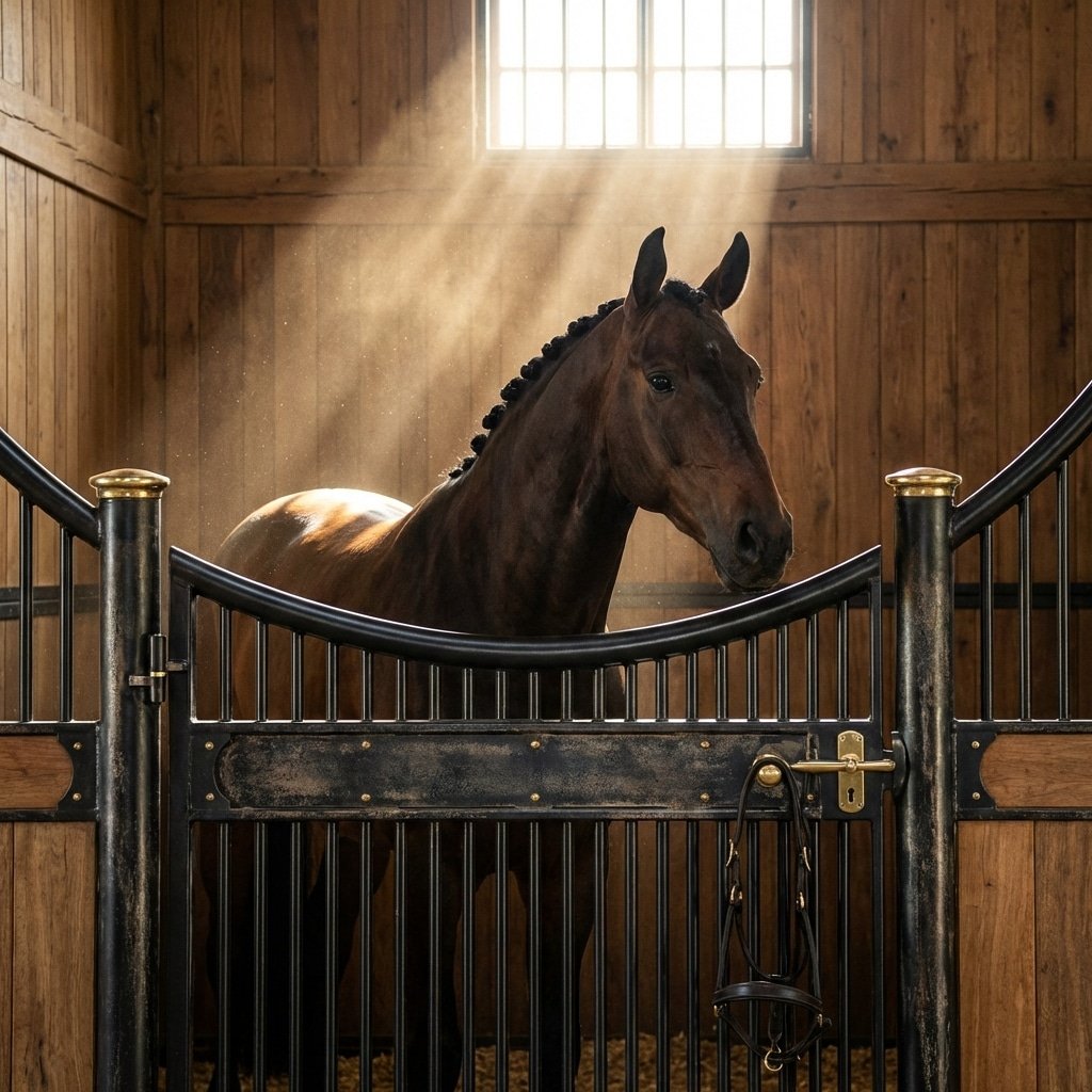 hyperrealistic product photography of a majestic bay horse standing inside a luxury horse stable, focus on the robust black steel horse stall front with round bar grill, dramatic cinematic lighting, dust motes dancing in light beams, 16:9 aspect ratio, no text, no signage --ar 16:9 --style raw --v 6.0