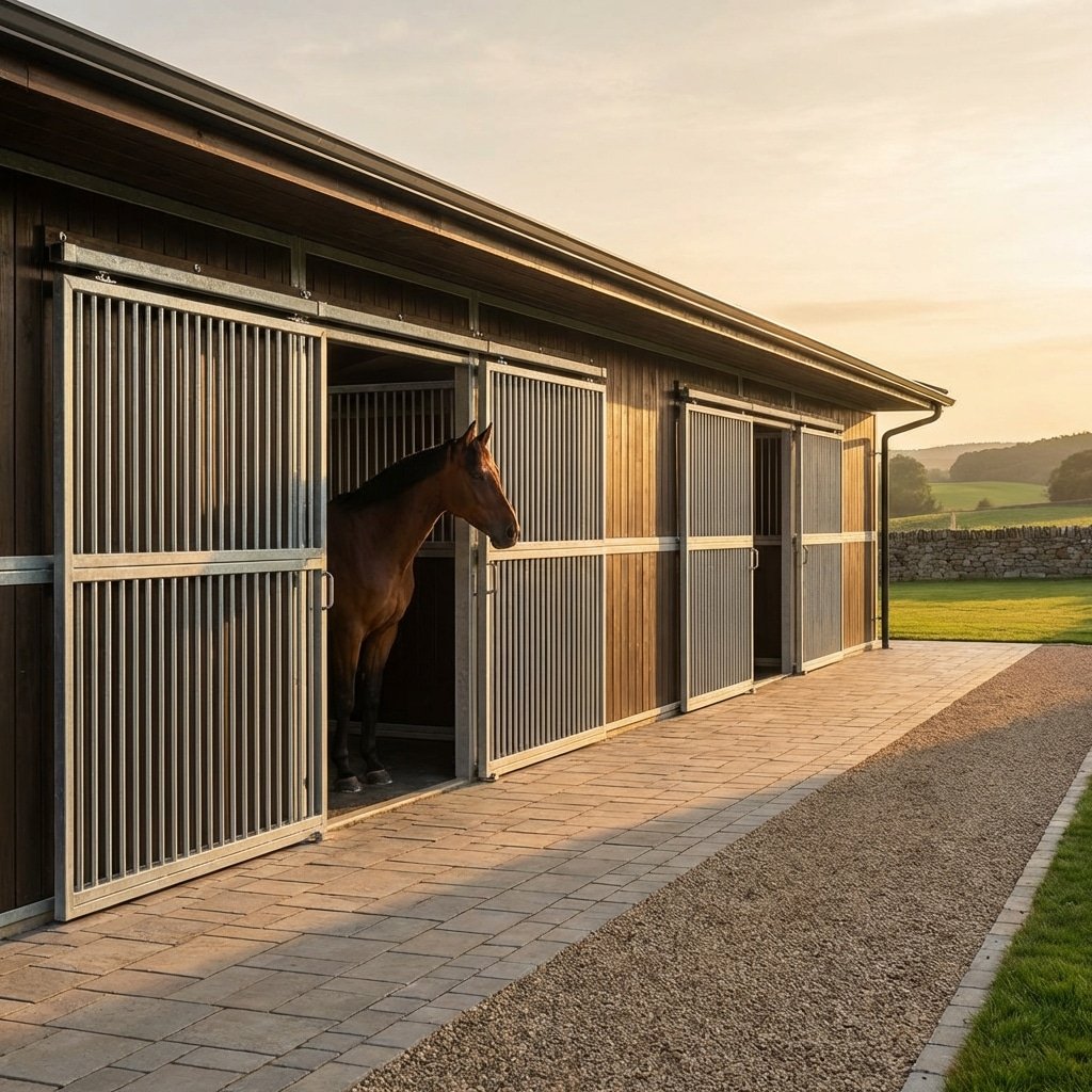 hyperrealistic product photography of a premium UK horse stable exterior with sliding stall fronts, hot-dip galvanized steel finish, a bay horse standing calmly inside, golden hour lighting, clean architecture, BHS compliant design, 16:9 aspect ratio, no text, no signage, no letters, no typography --ar 16:9 --style raw --v 6.0