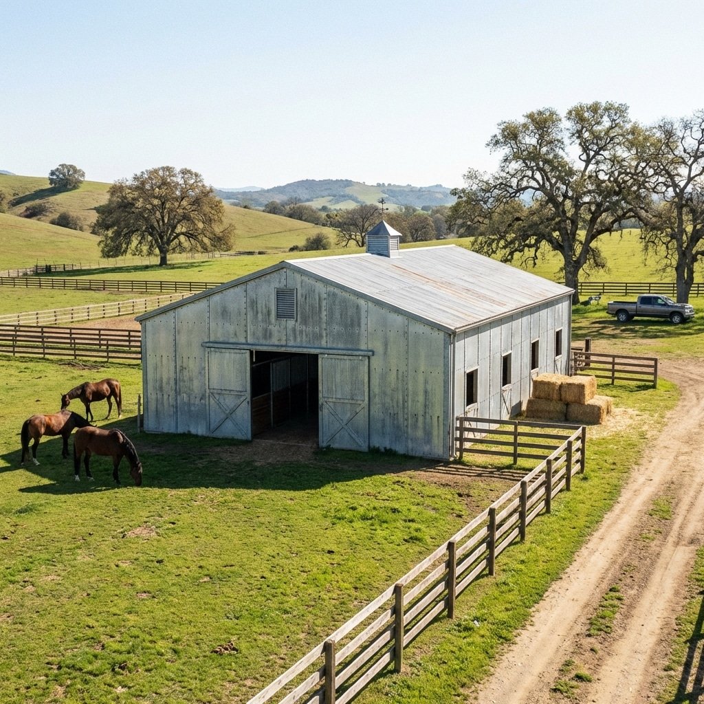 超写实产品摄影,模块化马厩外观,14 号镀锌钢结构,阳光明媚,绿色牧场,专业马术设施,无文字,无标志 --ar 16:9