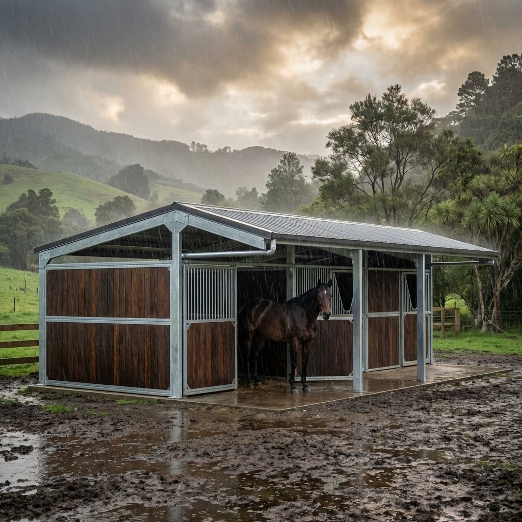 Hyperrealistic product photography of a premium horse stable in New Zealand rainy landscape, galvanized steel horse stalls, a horse standing inside, heavy rain, mud on ground, steel structure shining, cinematic lighting, 16:9 aspect ratio, no text in image --ar 16:9
