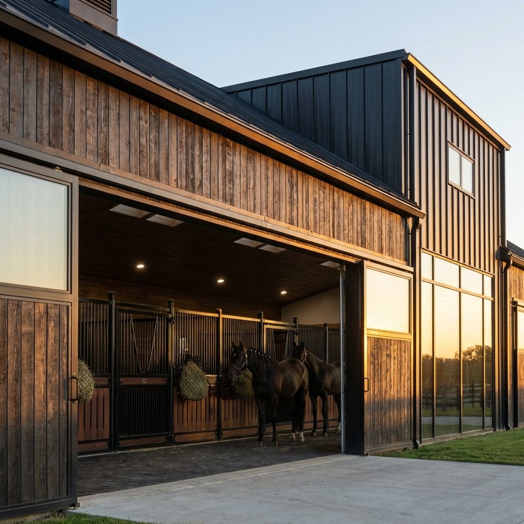 hyperrealistic product photography of a majestic modern horse stable exterior at golden hour, premium black horse stalls visible inside open doors, thoroughbred horses standing peacefully in the aisle, cinematic lighting, highly detailed steel textures, no text, no letters, no signage, no english characters in scene --ar 16:9 --v 6.0