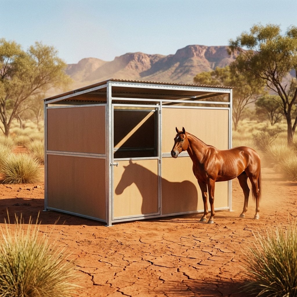 hyperrealistic product photography of a modern portable horse stable situated in the Australian outback, intense 40°C heat haze visible in the air, galvanized steel frame with smooth HDPE panels, a thoroughbred horse standing calmly nearby, dry red earth background, harsh sunlight casting sharp shadows, cinematic lighting, 16:9 aspect ratio, no text, no letters, no signage --ar 16:9